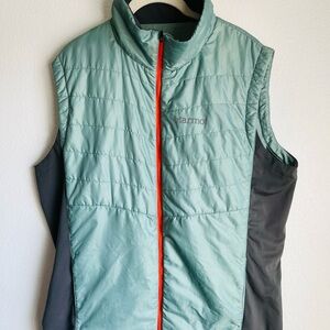Marmot Sage and Charcoal Vest with Bright Red Accent